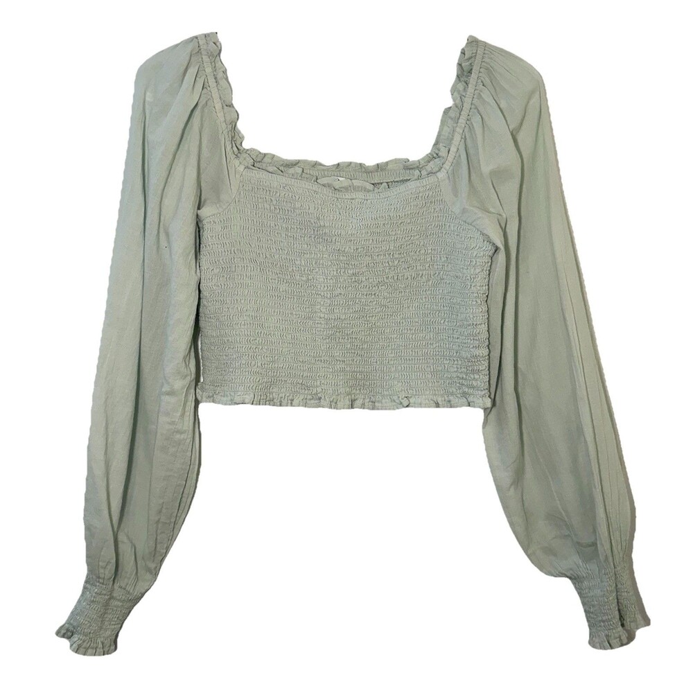 Aerie Smocked Crop Top Sage Green Puff Sleeve Square Neck Women’s M